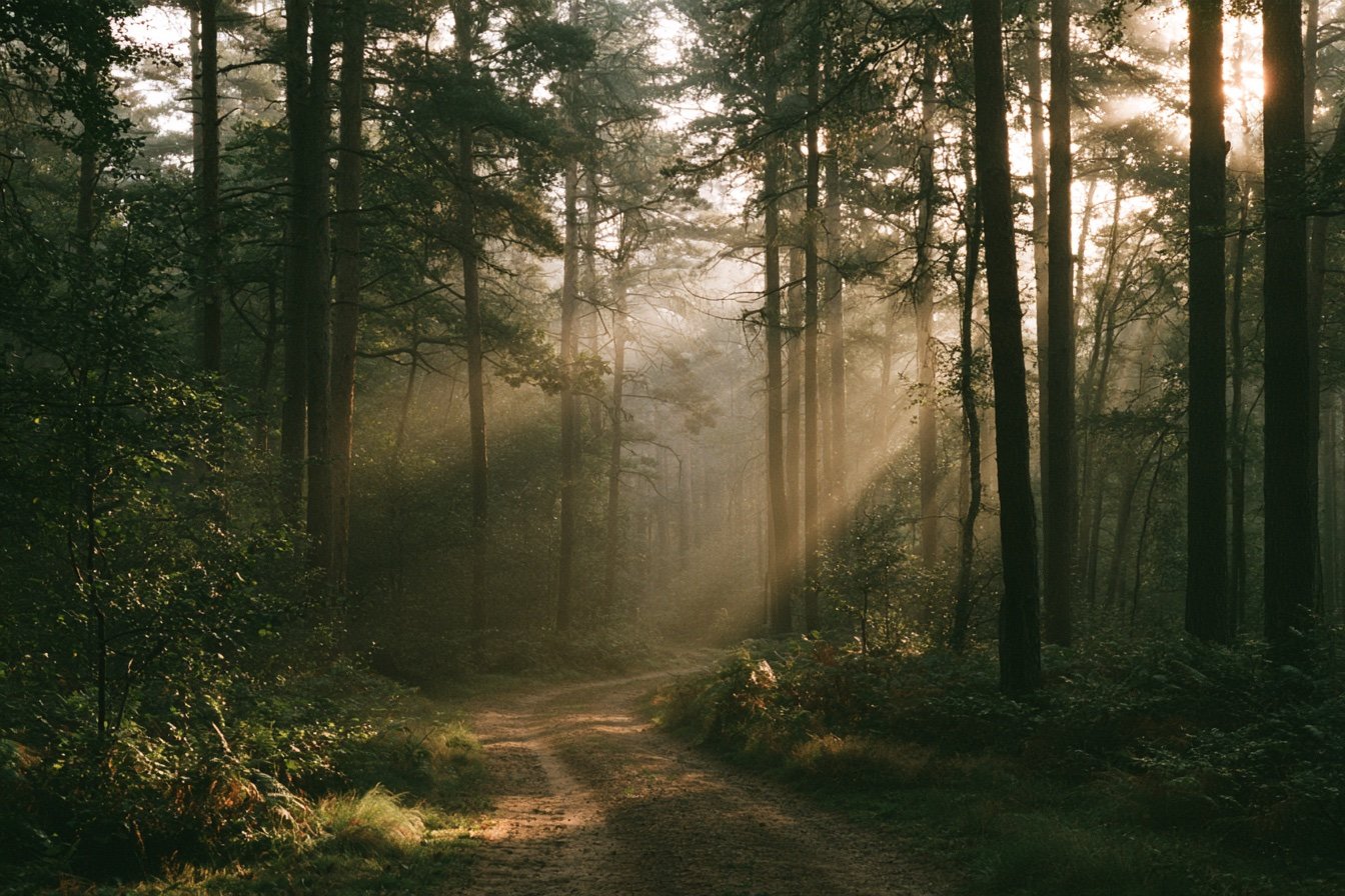 Un sentiero nel bosco al mattino, con la nebbia fra gli alberi