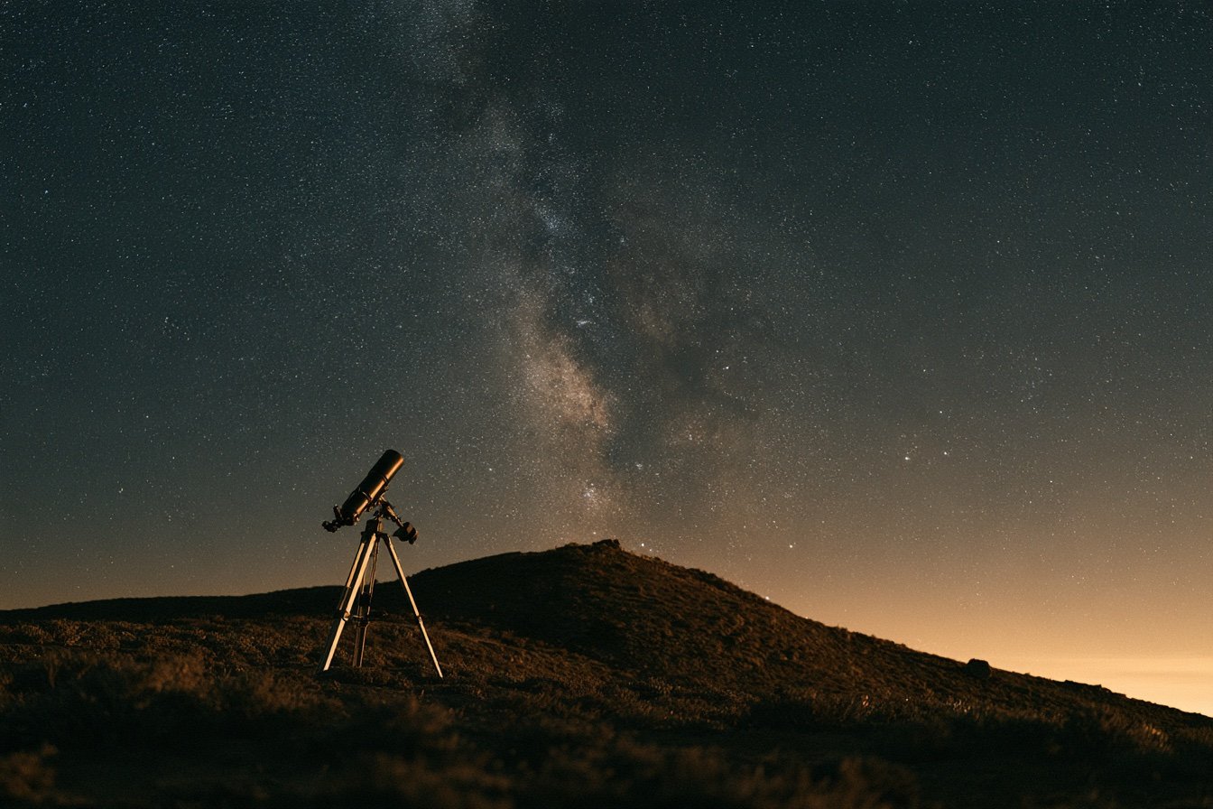 Un telescopio su una collina sotto un cielo pieno di stelle