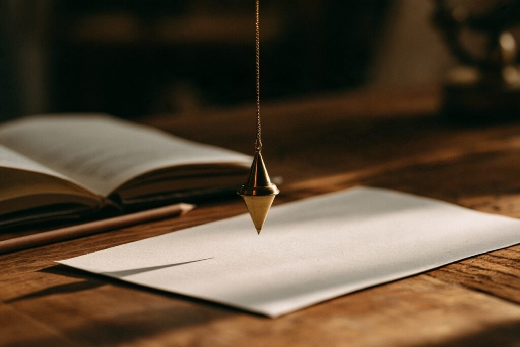 Pendolo in ottone fermo sopra un foglio bianco, con un quaderno aperto e una matita