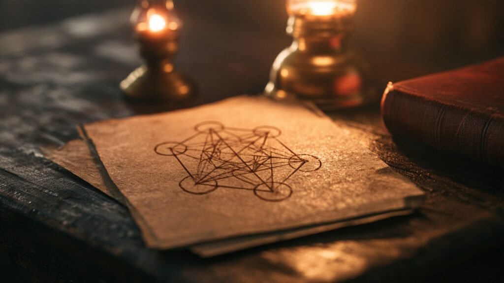 Pergamena con diagramma geometrico e lampada a olio