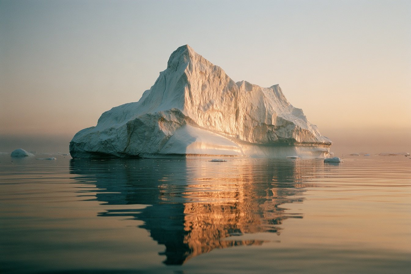 Un iceberg in acque calme, con la parte sommersa che si riflette