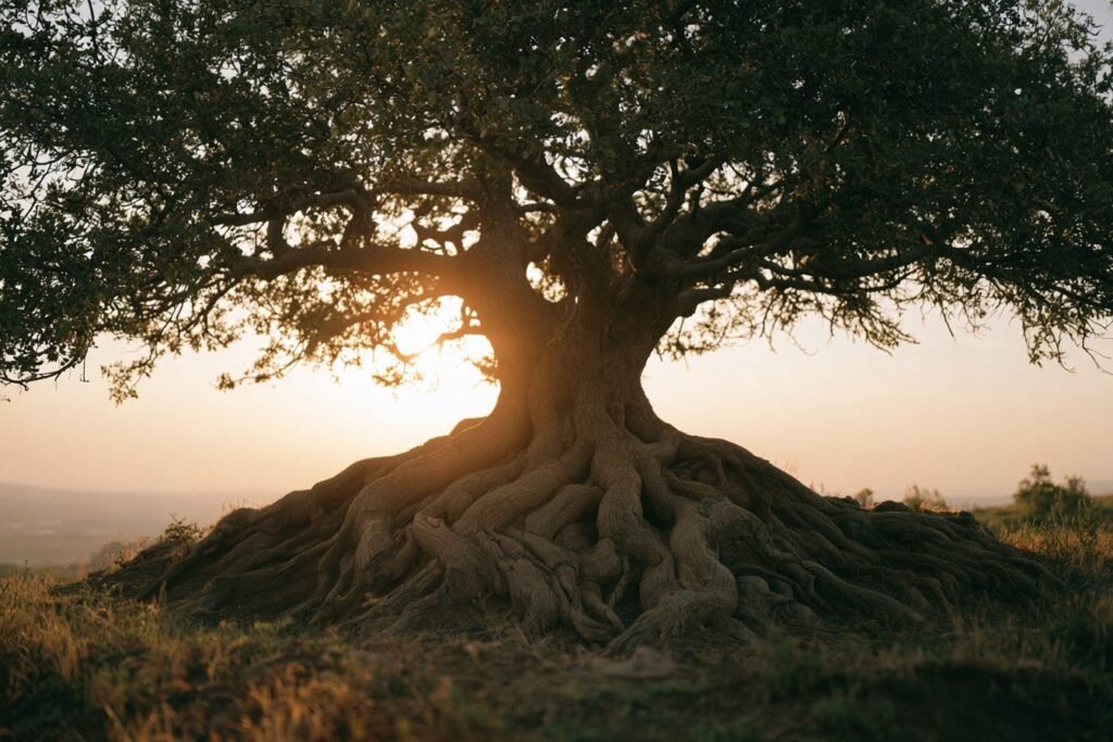 Albero antico con grandi radici scoperte, controluce al tramonto