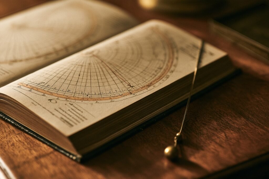 Libro aperto su un quadrante radiestesico a ventaglio, con un pendolo in ottone accanto