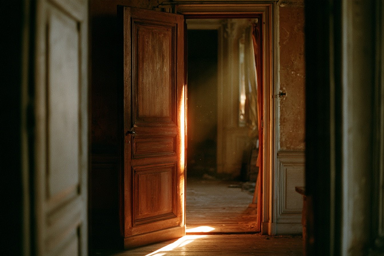 Una vecchia porta di legno socchiusa su una stanza silenziosa illuminata dal sole