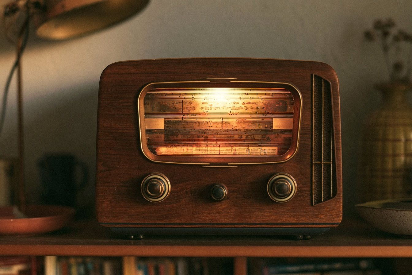 Una vecchia radio di legno accesa su una mensola