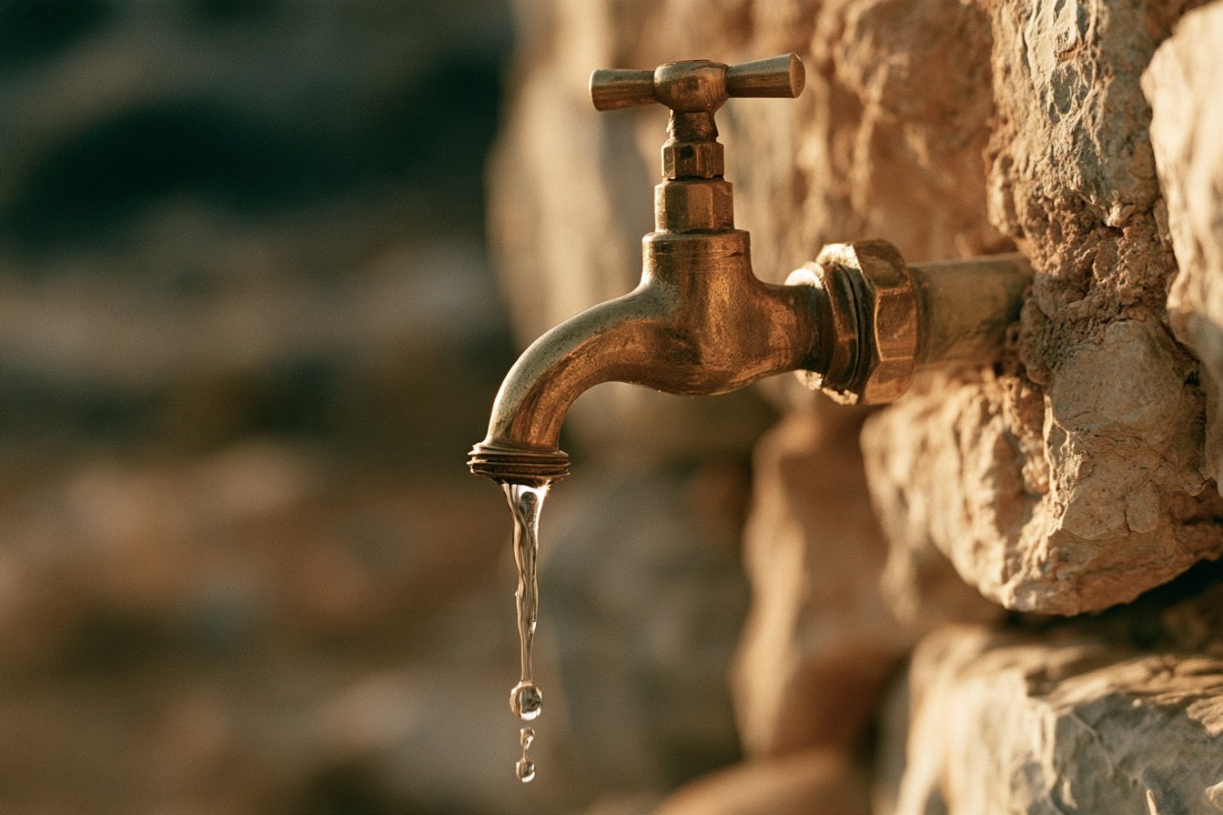 Un vecchio rubinetto d'ottone su un muro di pietra con una goccia d'acqua